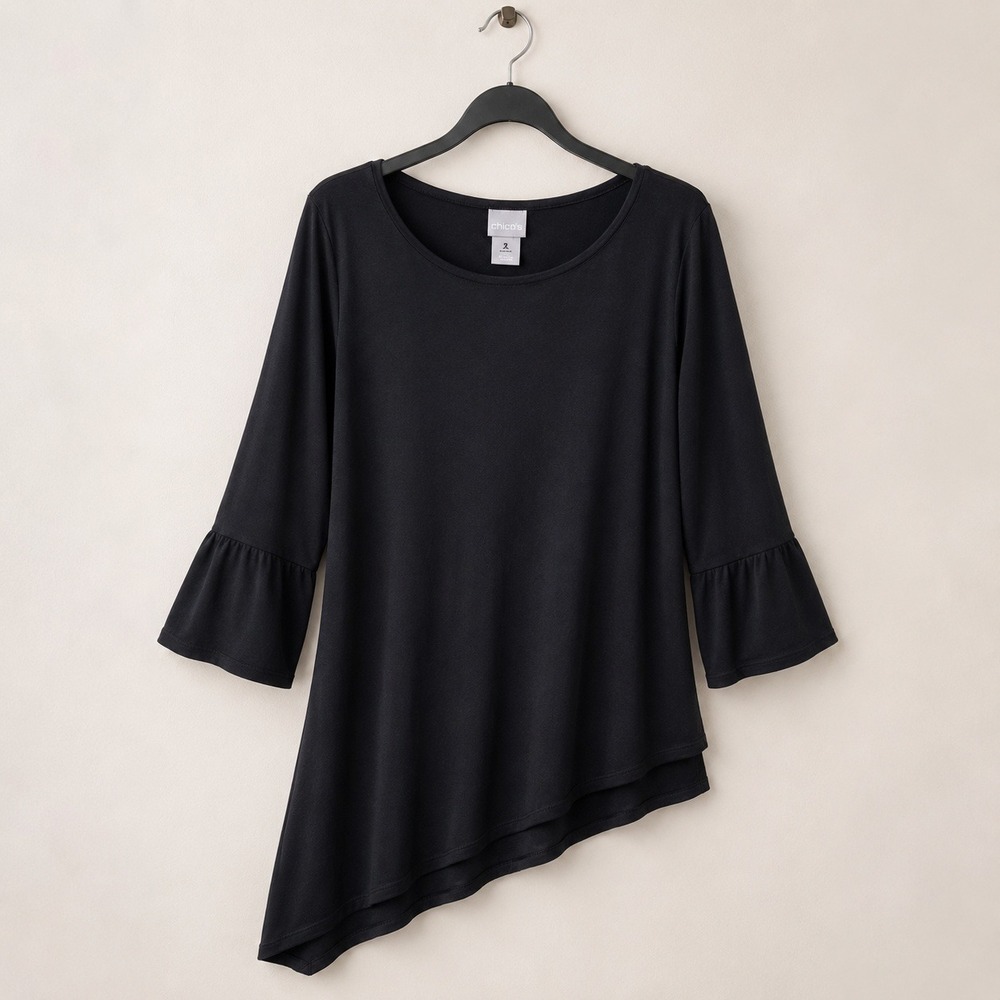 Chicos Black Asymmetrical Sharkbite Tunic Top 3/4 Sleeve Size 2 L Scoop Neck